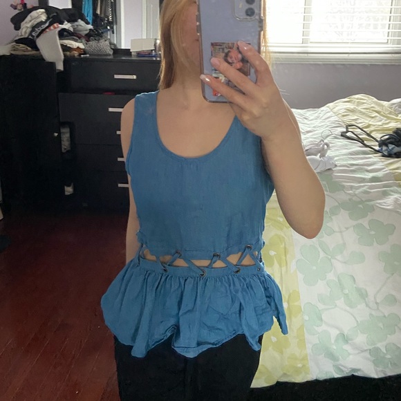 Xs Blue Denim Cutout Tank (Criss Cross) - Picture 2 of 3